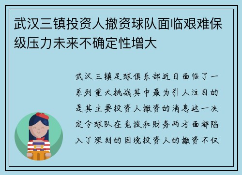 武汉三镇投资人撤资球队面临艰难保级压力未来不确定性增大